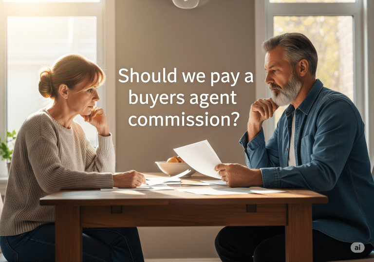 Couple reviewing documents at home with text: 'Should we pay a buyers agent commission?