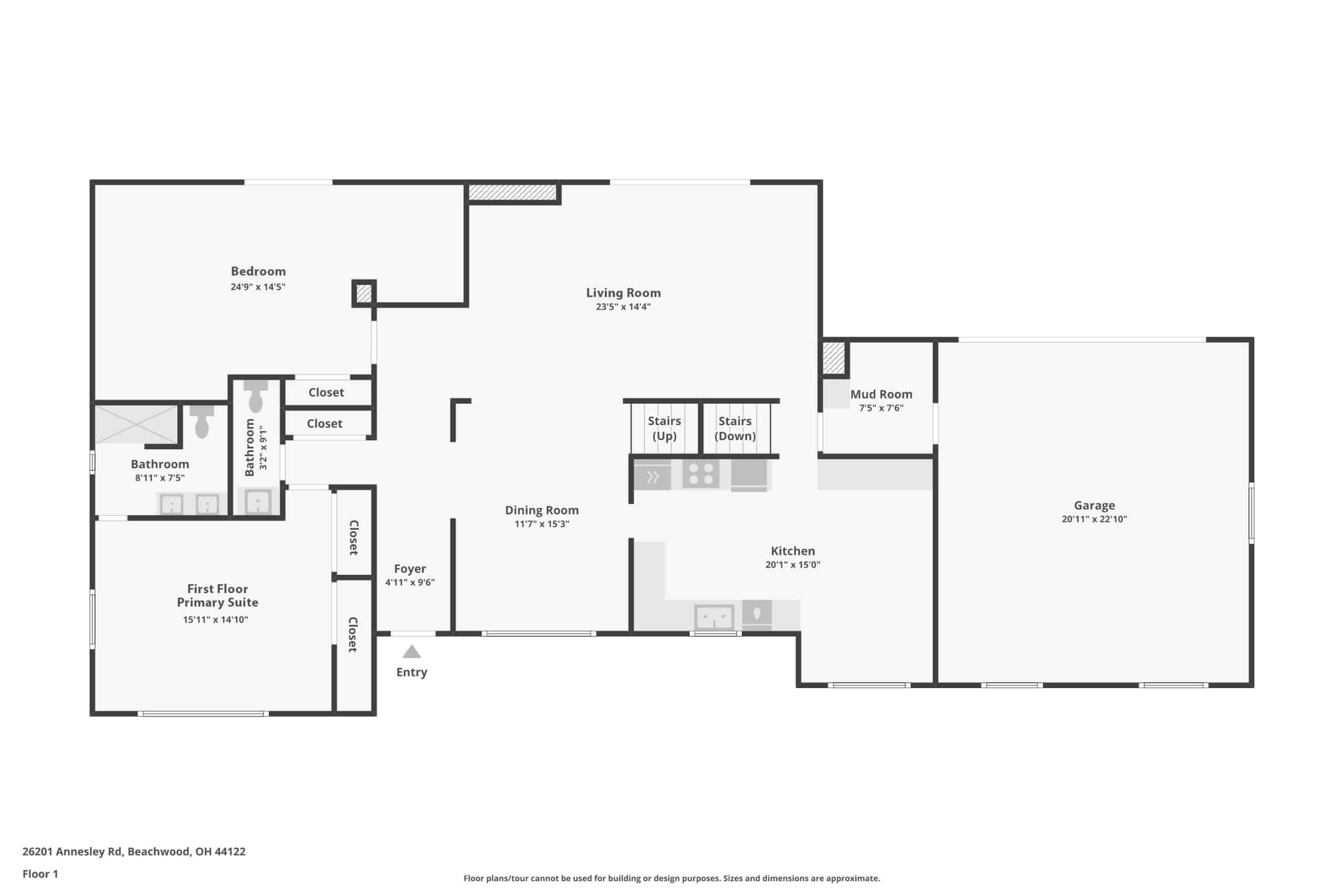 A grayscale floor plan shows a "First Floor Primary Suite," "Bedroom," "Living Room," "Kitchen," "Dining Room," and "Garage."