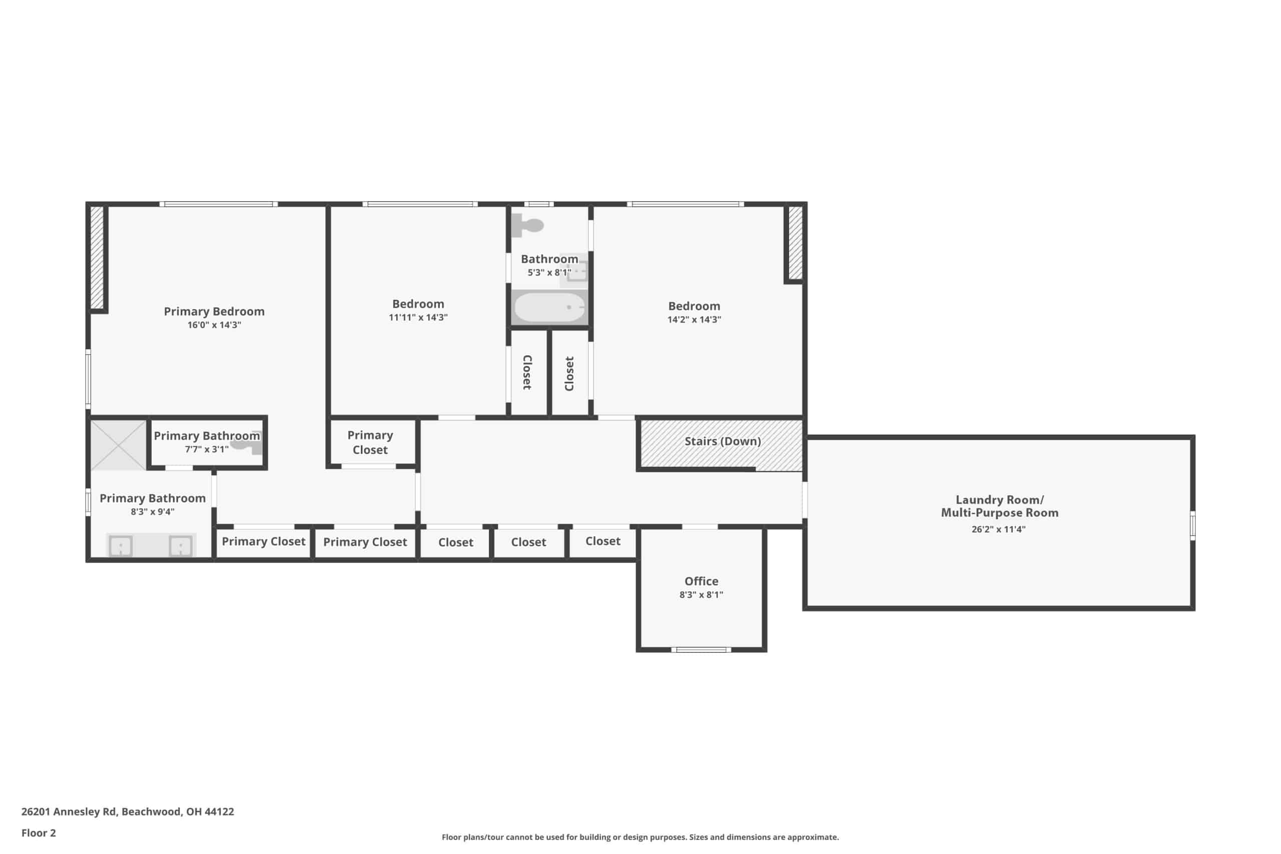 A white floor plan shows a "Primary Bedroom," two "Bedroom"s, an "Office," and a "Laundry Room/Multi-Purpose Room."